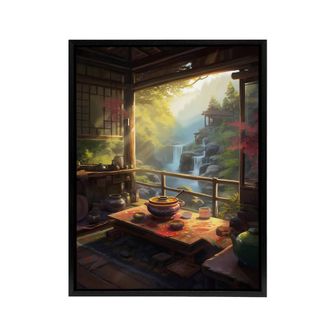 Artery8 Waterfall View From Japanese Tea House Patio Framed Canvas Wall Art Print | Size: W24 x H32