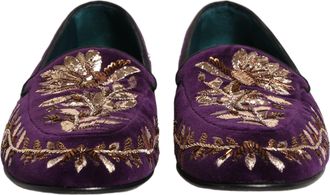 Dolce & Gabbana Mens Violet Velvet Floral Embroidery Loafers Shoes Leather