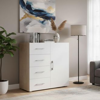 Dmora Aparador Violetta, Buffet Con 1 Puerta Y 4 Cajones, Aparador De Sal&oacute;n, Mueble Multiusos Con Baldas, 100% Made In Italy, Cm 90x41h87, Blanco Y Roble, C