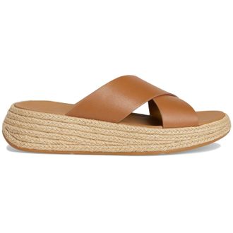 FitFlop F Mode Espadrille Flatform Cross Leather Womens Slip On Sandals - Deep Tan - Size:UK 6.5