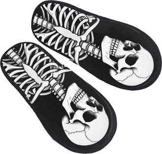 Generic Rock and Roll Skeleton Skull Print Slippers for Women House Fuzzy Shoes Sole Indoor Outdoor Slide Slipper