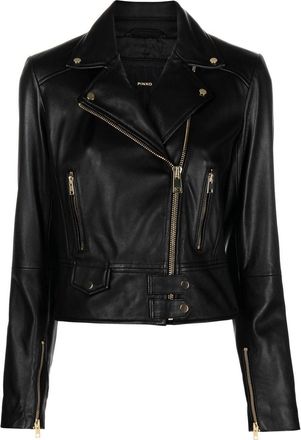 Pinko cropped leather biker jacket - women - Polyester/Sheepskin - 40 - Black