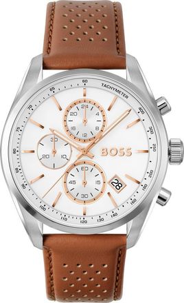BOSS Grand Prix Chronograph Leather Strap Watch, 44mm in White at Nordstrom