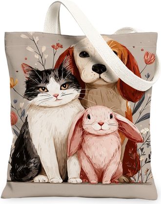 Generic Animal Friends Canvas Tote Bags, Cute Animal Design Reusable Grocery Bags, Lightweight Washable Shoulder Strap Canvas for T, Beige, 13x15 Inch