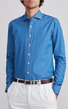 Emanuel Berg Modern Fit Luxe Denim Twill Button-Up Shirt in Medium Blue at Nordstrom Rack, Size Large/x-Large