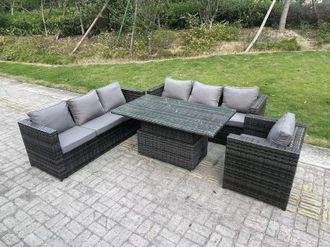 Fimous Wicker PE Garden Furniture Rattan Sofa Set Outdoor Adjustable Rising Lifting Dining Table Set 7 Seater in Dark Grey
