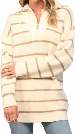 Fate Stripe Half-Zip Tunic Sweater In Bone & Mocha