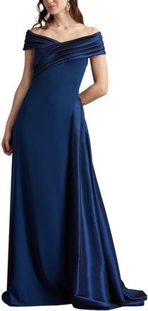 Tadashi Shoji Off the Shoulder Crepe & Taffeta Gown in Navy at Nordstrom, Size 18