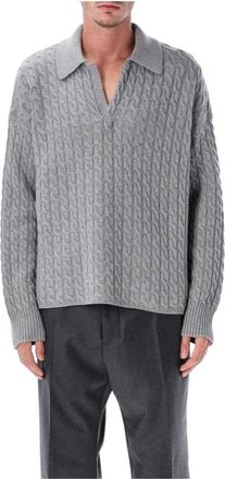 Ami Kabelgebreide Polo Sweater - Heren - V-hals truien - Grijs - XL - Wol - Truien & Vesten