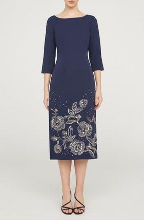 JS Collections Delilah Floral Beaded Cocktail Midi Dress in Navy at Nordstrom Rack, Size 12
