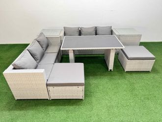 Fimous 8-seater Patio Rectangular Table Sofa Set with 2 Side Tables 2 Stools in Light Grey