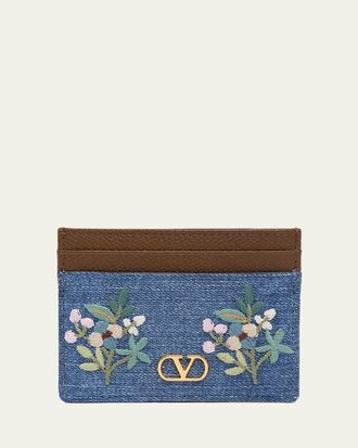 Valentino Garavani Floral-Embroidered Denim & Leather Card Holder