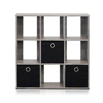 Furinno Simplistic 9-Cube Organizer with Bins, French Oak Grey/Black