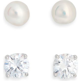 Nordstrom Rack Set of 2 Sterling Silver Cubic Zirconia & Faux Pearl Stud Earrings in Clear- White- Silver at Nordstrom Rack