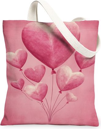 Generic ValentineS Day Heart Canvas Tote Bags, Cute Balloon Love Pattern Reusable Grocery Bags, Lightweight Washable Shoulder Stra, Peach, 13x15 Inch