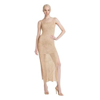Simona Corsellini Knitted Dresses, female, Beige, Size: S Abito midi sottoveste con spacchi in crochet lurex