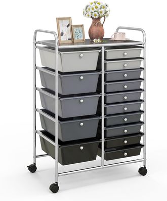 Costway Carrito Auxiliar Almacenamiento Con 15 Cajones Apilables Y Ruedas Estructura Met&aacute;lica, Carro Organizador Para Cocina Restaurante (negro+marco Plateado