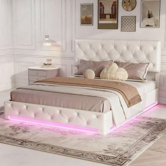 OEM Letto Contenitore 140x190 Cm Lino Beige Con Led, Testiera Regolabile, Rete A Doghe E Spazio Di Stivaggio