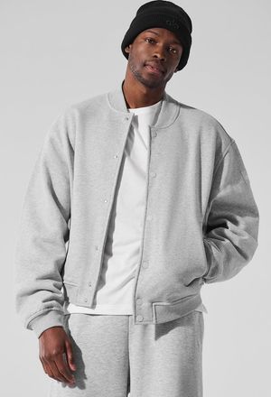 Alo | Renown Varsity Jacket in Athletic Heather Grey, Size: Medium