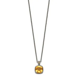 Diamond2Deal Sterling Silver with 14K Accent Checkerboard Cushion Citrine Pendant Necklace