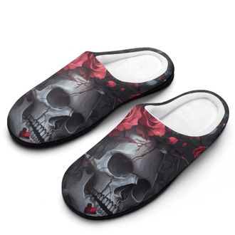Generic Rose Death Skull Head Mens Slippers Slip On Comfortable Fleece Cotton House Shoes Winter