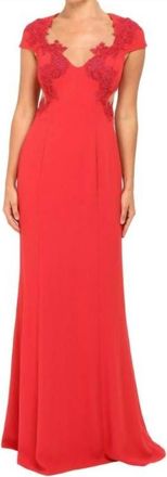 Marchesa Crepe Flare Embellished Lace Illusion Dress In Red