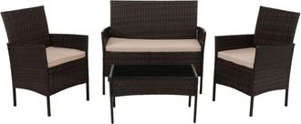 Hhg [NON UTILIZZATO] Set da giardino poly-rattan HHG-069, salottino, metallo vetro stoffa/tessuto (180 g/m²), marrone, cuscini avorio