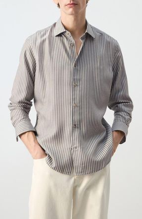 Mango Stripe Button-Up Shirt in Khaki Grey at Nordstrom, Size Medium