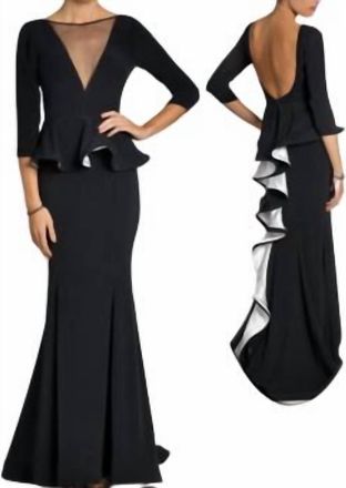Jovani Quarter Sleeve Peplum Evening Gown In Black/white