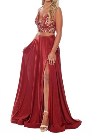 Rachel Allan Two-Piece Beaded V-Neck Jersey A-Line Gown In Burgundy