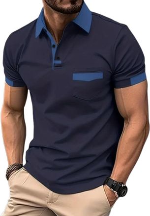 Generic Mens Polo Shirts Short Sleeve Contrast Button Down Collar Polo Shirt with Pocket Casual Athletic Classic T-Shirts (UK, Alpha, XXL, Regular, Regular, N
