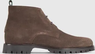 Gucci Mens Lace-up Ankle Boot With Web, Brown, Suede