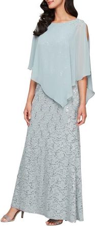 S.L. Fashions Beaded Lace & Chiffon Capelet Gown in Sage at Nordstrom, Size 18