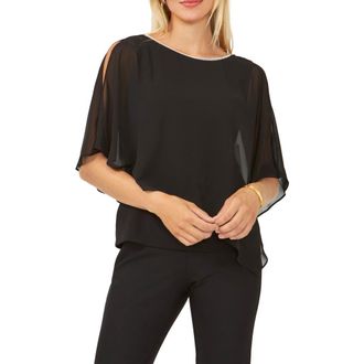 Chaus Rhinestone Trim Cold Shoulder Overlay Top in Black at Nordstrom, Size Large