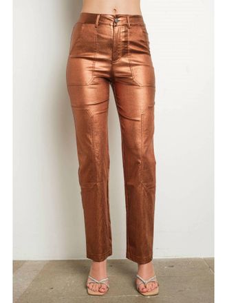 Kiwi Saint-Tropez Stretch Straight Metallic Pants In Brown