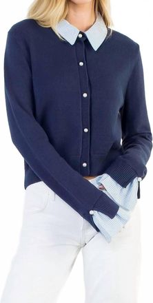 THML Clothing Pearl Button Mixed Media Collared Knit Top In Navy