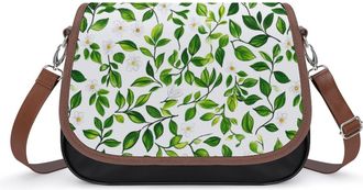 Generic White Flowers Green Leaves Crossbody Bags for Women Fashion Leather Shoulder Handbags With Adjustable Strap