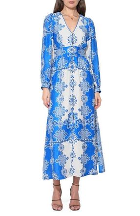Adelyn Rae Athena Long Sleeve Maxi Dress in Electric Blue/Cream at Nordstrom, Size X-Small