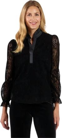 Jude Connally Teri Flocked Lace Scallop Ruffle Neck Top In Black