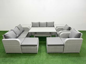 Fimous PE Rattan High Back Lounge Sofa Set Patio Rectangular Dining Table & Chairs Set w/ 3 Seater Sofa Reclining Chair 2 Big Footstool 2 Side Table