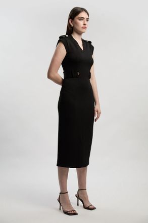 Karen Millen Womens Petite Ponte V Neck Tab Detail Midi Dress - Black - Size X-Small