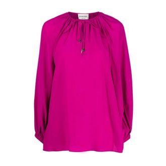 Phaeonia Overhemden, Dames, Roze, XS, Fuchsia Zijden Blouse met Zelfstrik
