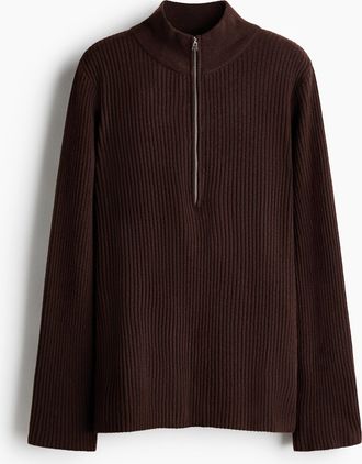 H&M Gerippter Pullover mit Kurzreissverschluss - Brown