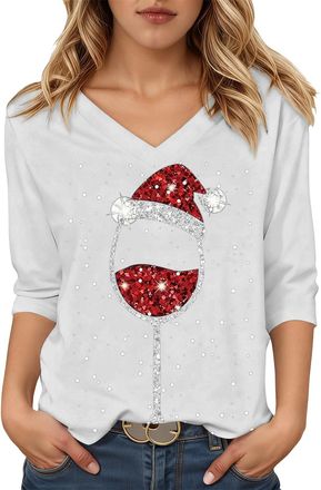 Generic 2026 Christmas Shirts for Women UK Funny Red Wine Glass Graphic Xmas Jumpers Cute Snowflake Print Ladies Tshirts Cotton 3/4 Length Sleeve Womens Tunic