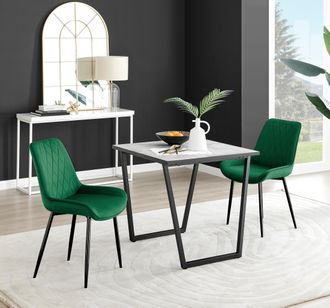 Furniturebox Carson White Marble Effect Square Dining Table & 2 Velvet Pesaro Black Leg Chairs in Green