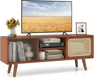 Costway Mobile TV per TV Fino a 55, Mobile Porta TV Salloto, Mobiletto Soggiorno con 2 Ante Scorrevoli, Tavolo Consolle con Gambe in Legno Gamba