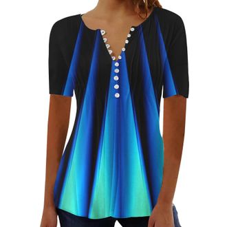 Generic Warehouse Deals Today 2024 Summer T Shirts for Women UK Short Sleeve Button Up V Neck Tops Trendy Pleated Henley Tunic Shirts Dressy Casual Butterfly 