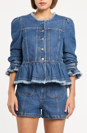 Cinq &agrave; Sept Frieda Peplum Detail Denim Jacket in Tide at Nordstrom, Size X-Large