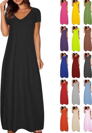 Generic Maxi Dresses for Women UK Short Sleeve Spring Summer Ladies Casual Long Dress Round Neck Plain Sundress Stretchy Loose Fit Plus Size Clothing