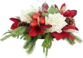 Creative Displays Inc. Handcrafted Holiday Candleholder With Hydrangeas, Magnolia Leaves, & Pinecones